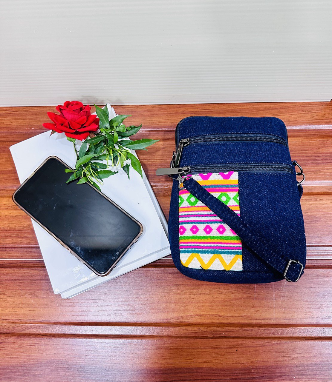 DURABLE PINK AND GREEN  DENIM MOBLIE SLING BAG - H3