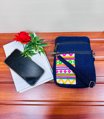 DURABLE PINK AND GREEN  DENIM MOBLIE SLING BAG - H3