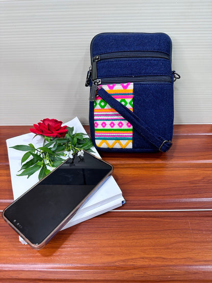 DURABLE PINK AND GREEN  DENIM MOBLIE SLING BAG - H3